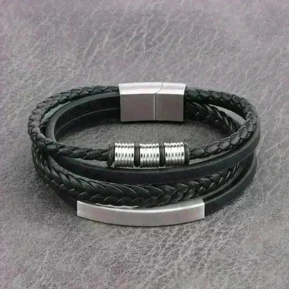 Mens Black Leather Stainless Steel Bracelet - Picture 1 of 3